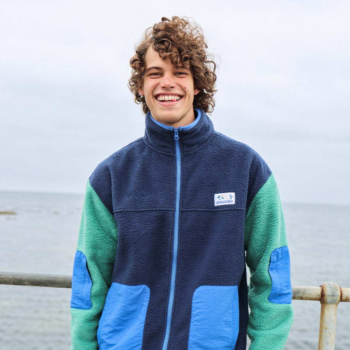 Skwosh Polar Fleece Utility Jacket in Green/Blue