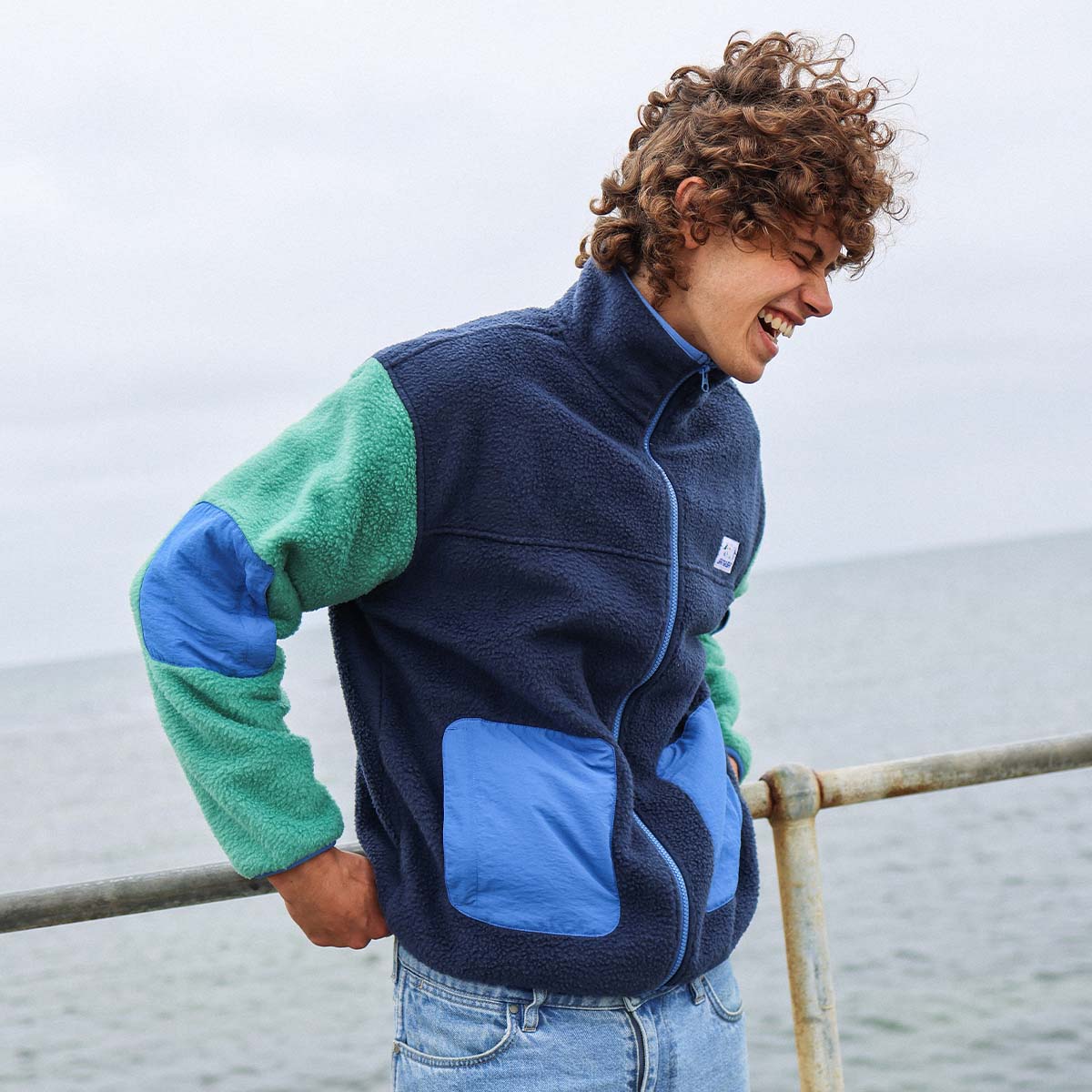 Skwosh Polar Fleece Utility Jacket in Green/Blue