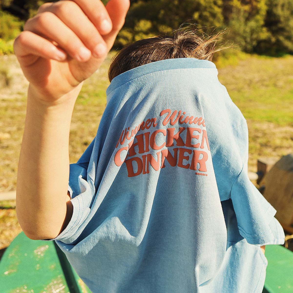 Chicken Dinner Kids Slang Tee in Light Blue