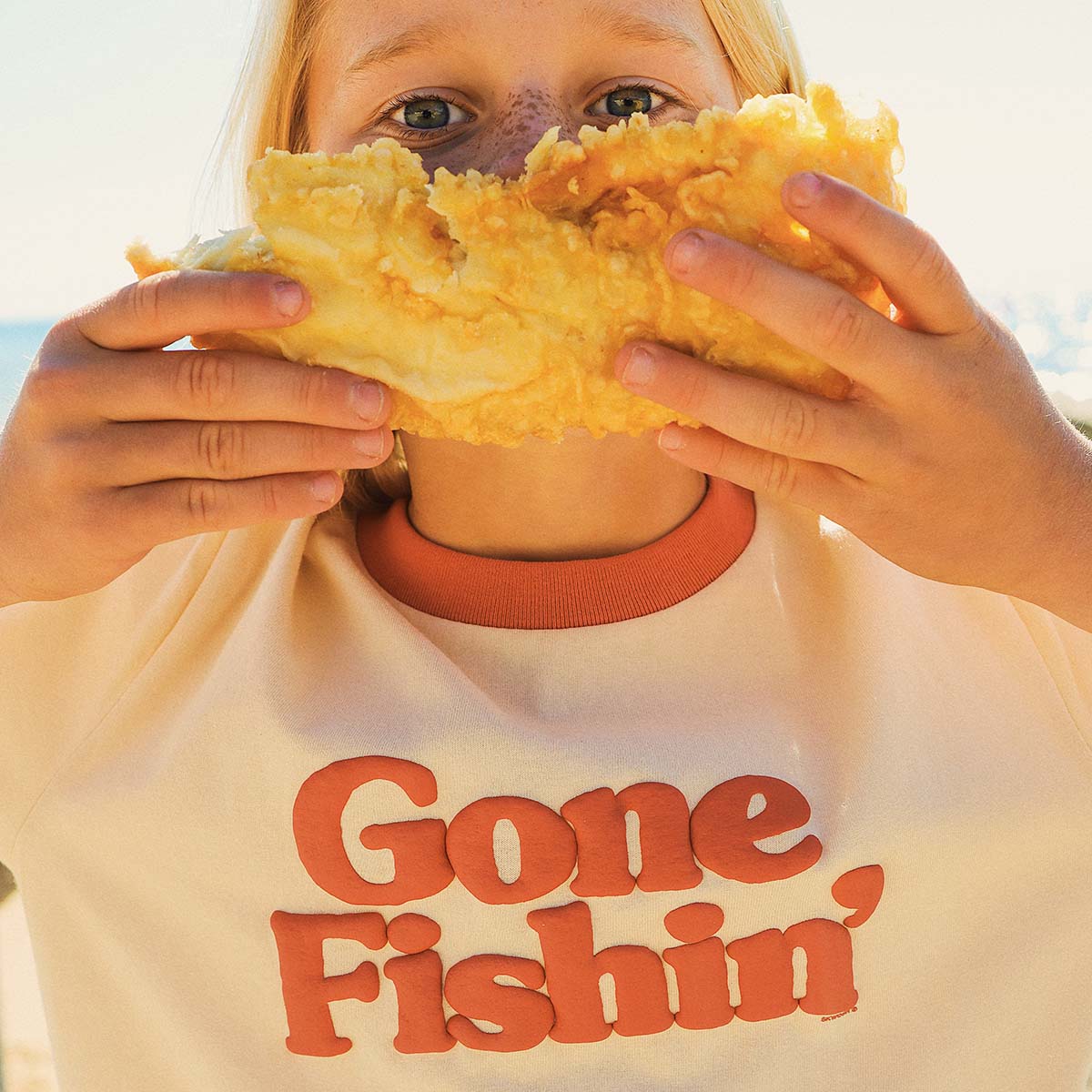 Gone Fishin Kids Boxy Ringer Tee in Off White