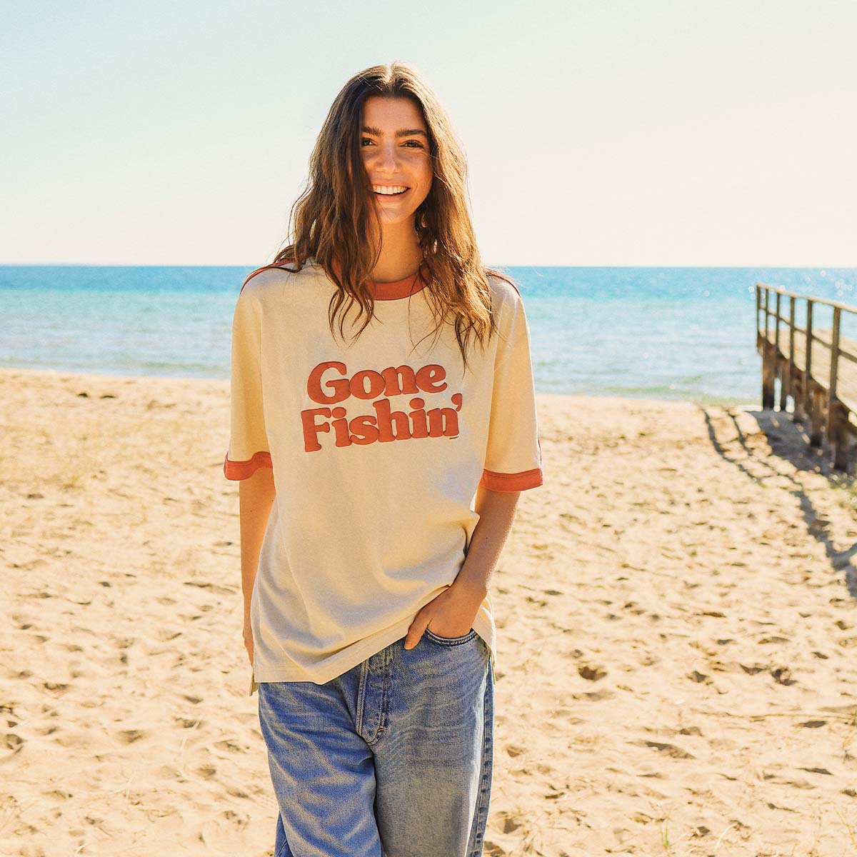 Gone Fishin Boxy Ringer Tee in Off White