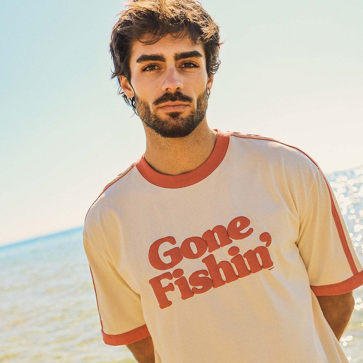 Gone Fishin Boxy Ringer Tee in Off White