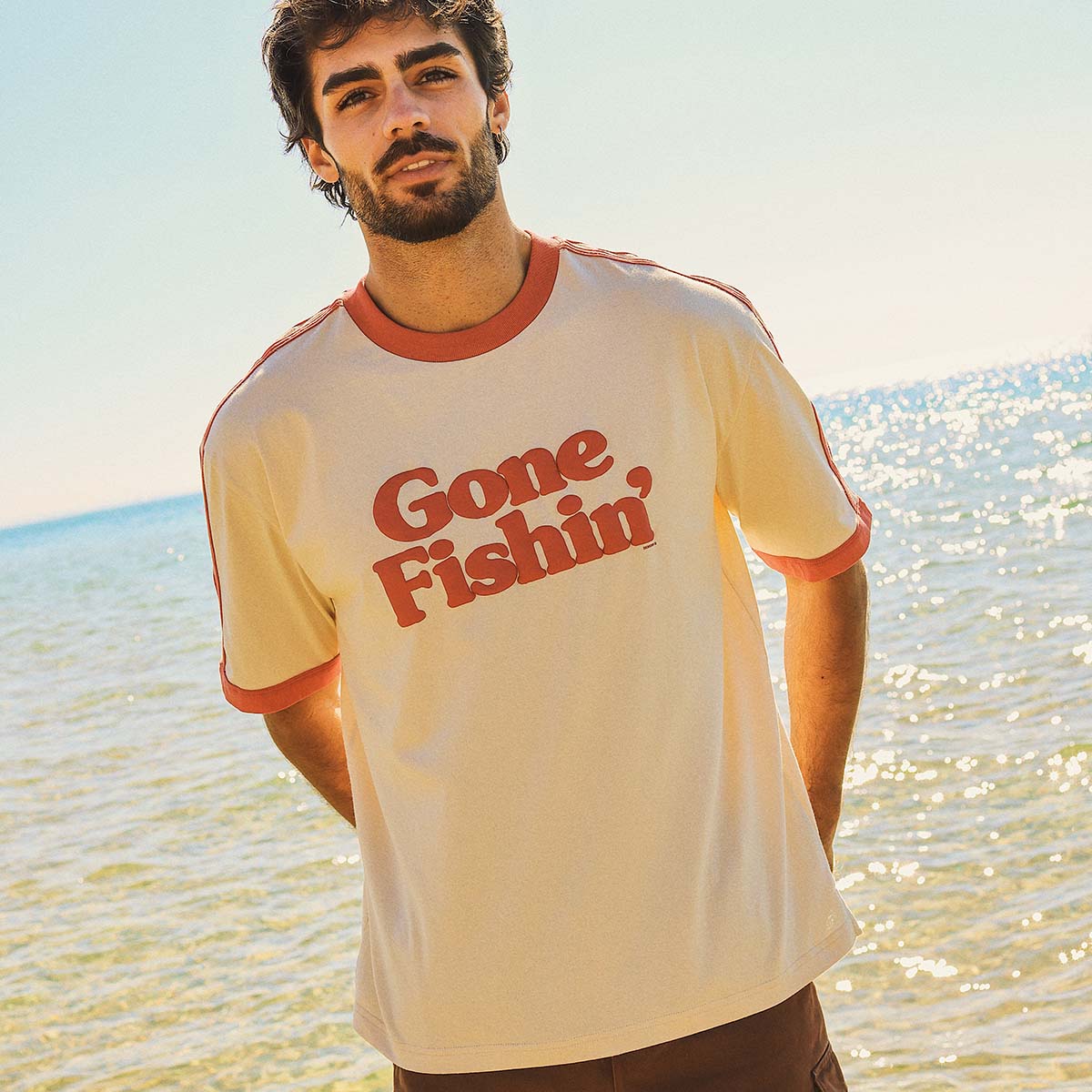 Gone Fishin Boxy Ringer Tee in Off White