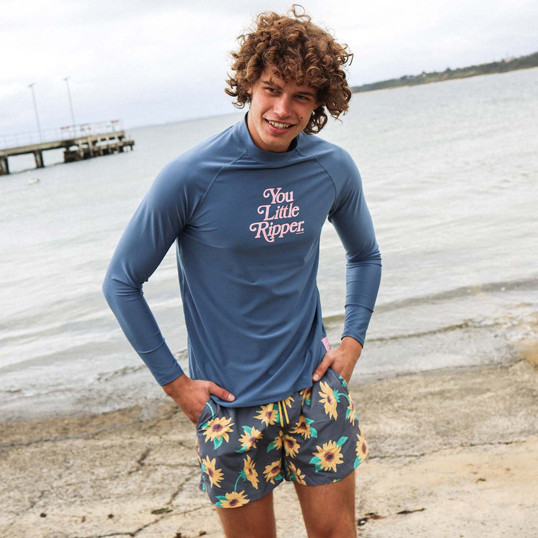 Skwosh You Little Ripper rashie in navy with a UPF 50+ sun rating