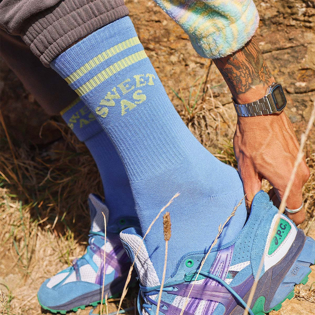 Skwosh Sweet As socks in blue, a Kris Kringle and stocking filler gift idea