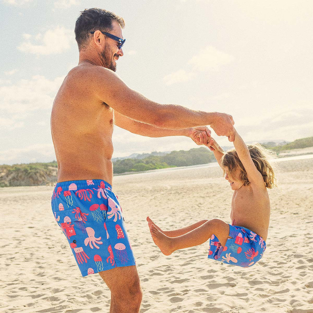 Skwosh So Jelly board shorts in royal blue with an all-over jellyfish print