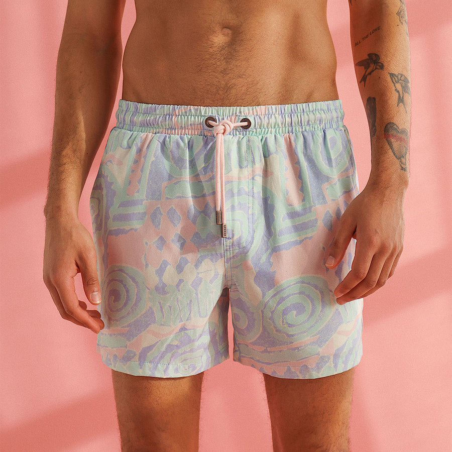 Front view of the pale printed Swellifornia mens rad shorts