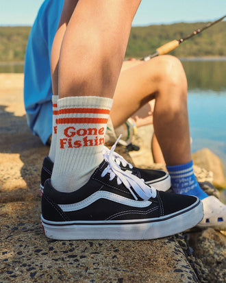 Gone Fishin' Kids Socks in Red Stripe