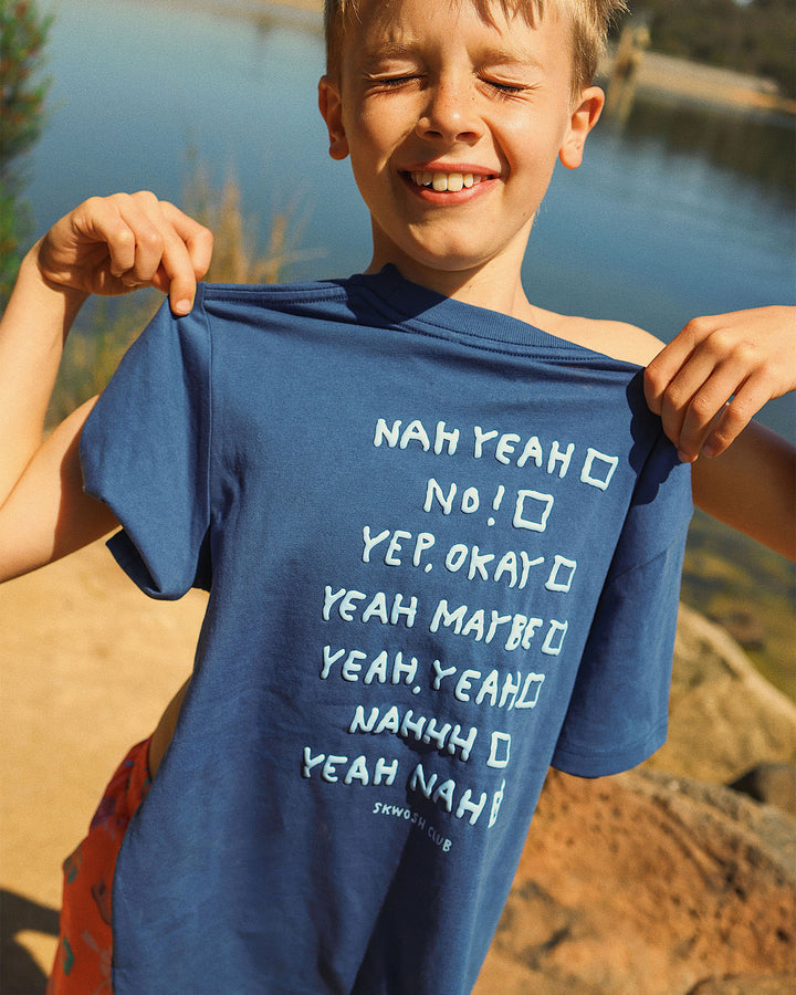 Yeah Nah Boys Back Print Tee in Navy