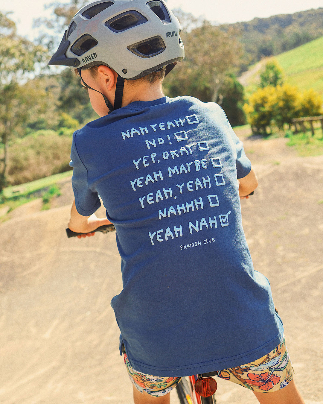 Yeah Nah Boys Back Print Tee in Navy