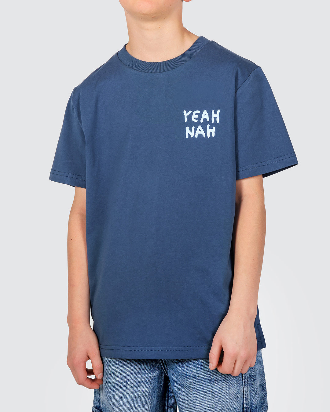 Yeah Nah Boys Back Print Tee in Navy