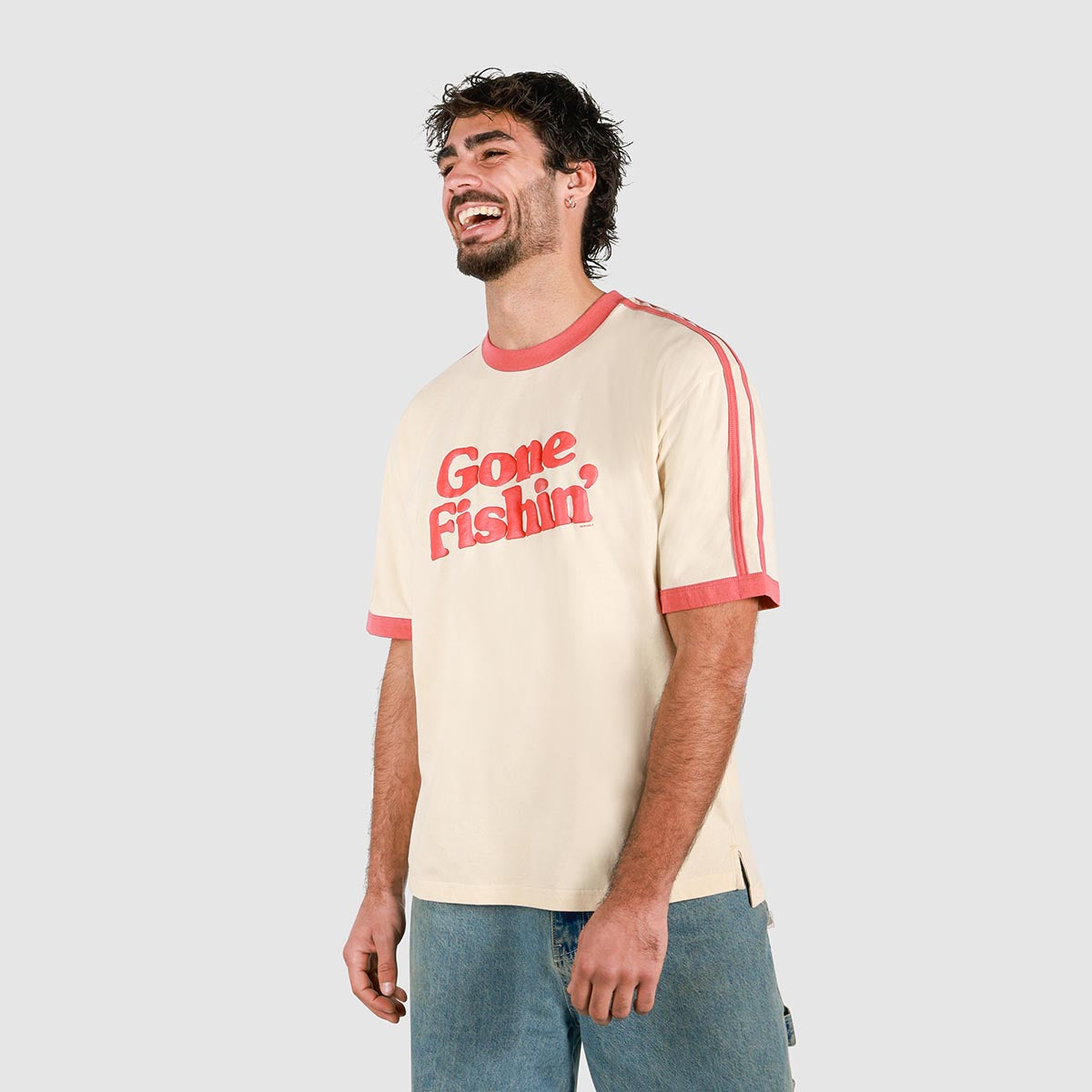 Gone Fishin Boxy Ringer Tee in Off White
