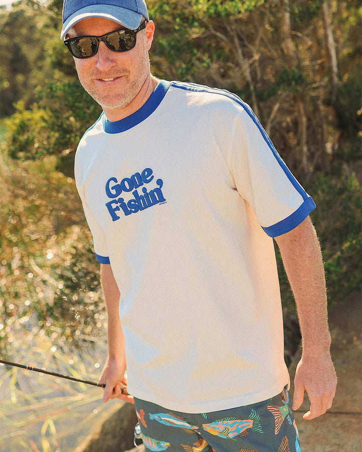 Gone Fishin Boxy Ringer Tee in Off White