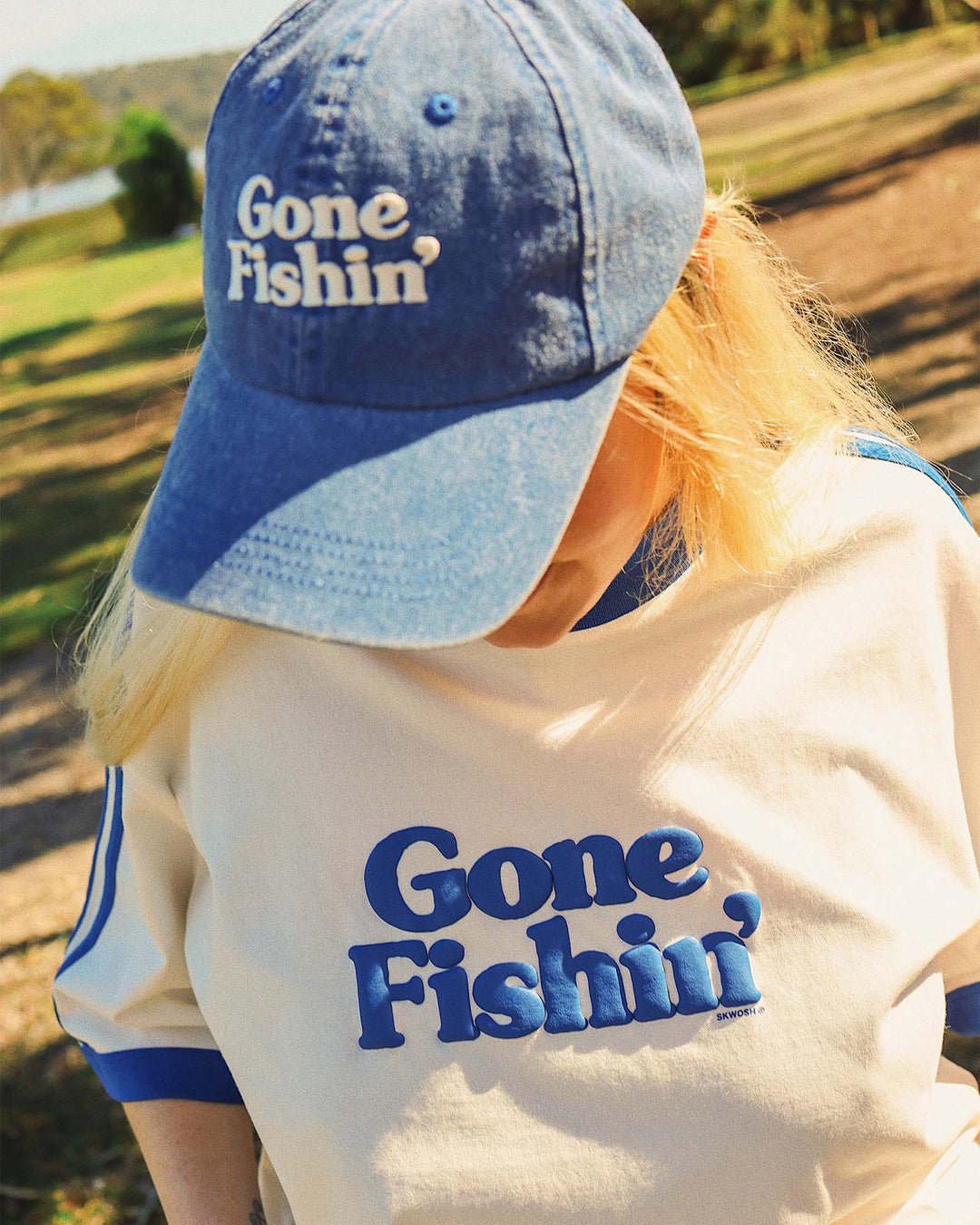 Gone Fishin Boxy Ringer Tee in Off White