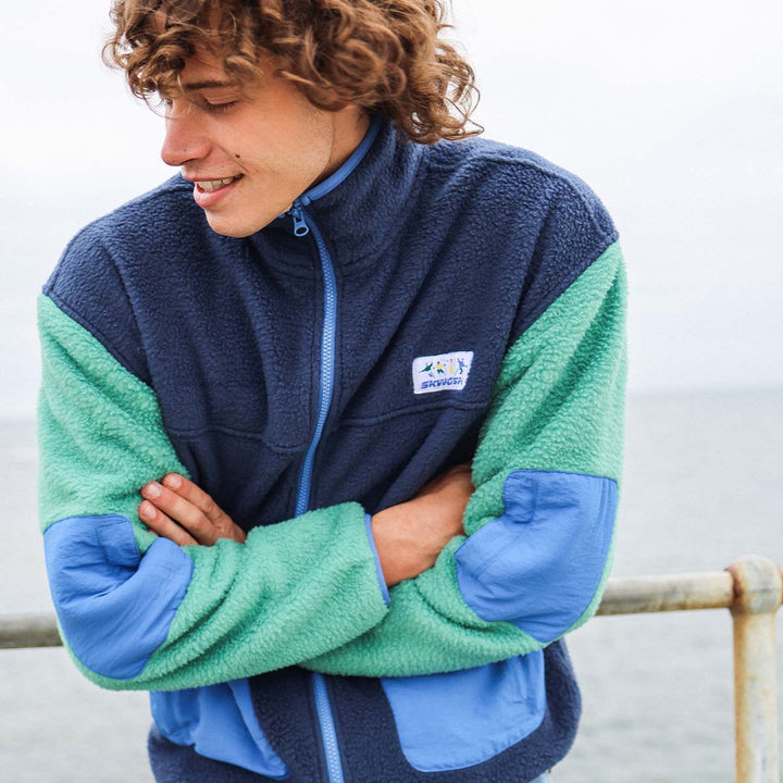 Skwosh Polar Fleece Utility Jacket in Green/Blue