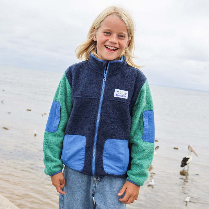 Skwosh Kids Polar Fleece Utility Jacket in Green/Blue