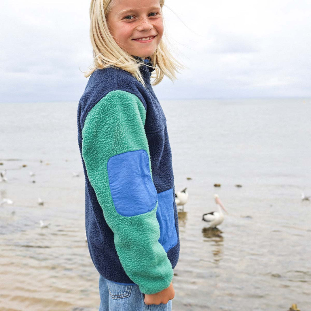 Skwosh Kids Polar Fleece Utility Jacket in Green/Blue