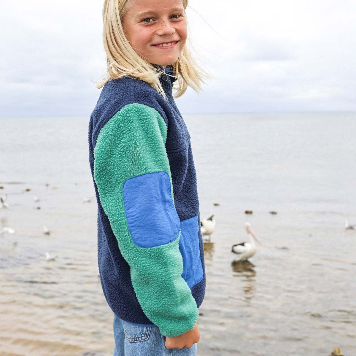 Skwosh Kids Polar Fleece Utility Jacket in Green/Blue