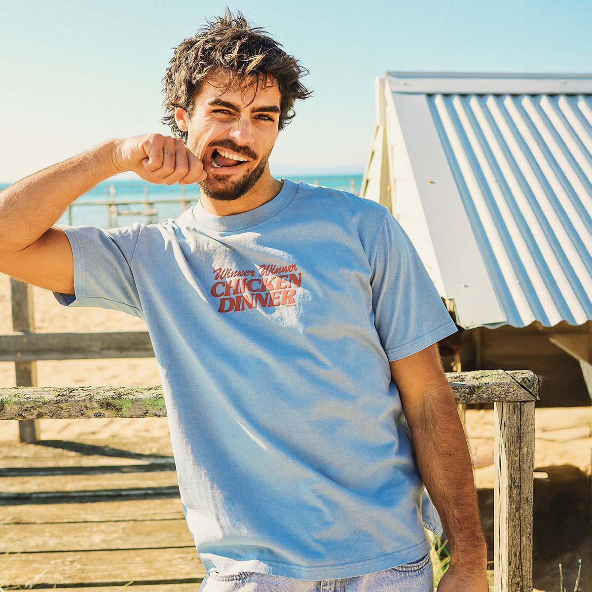 Chicken Dinner Slang Tee in Light Blue