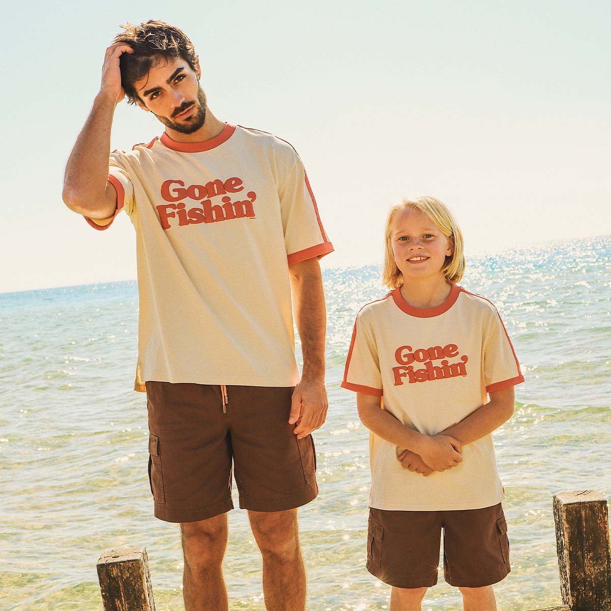 Gone Fishin Kids Boxy Ringer Tee in Off White