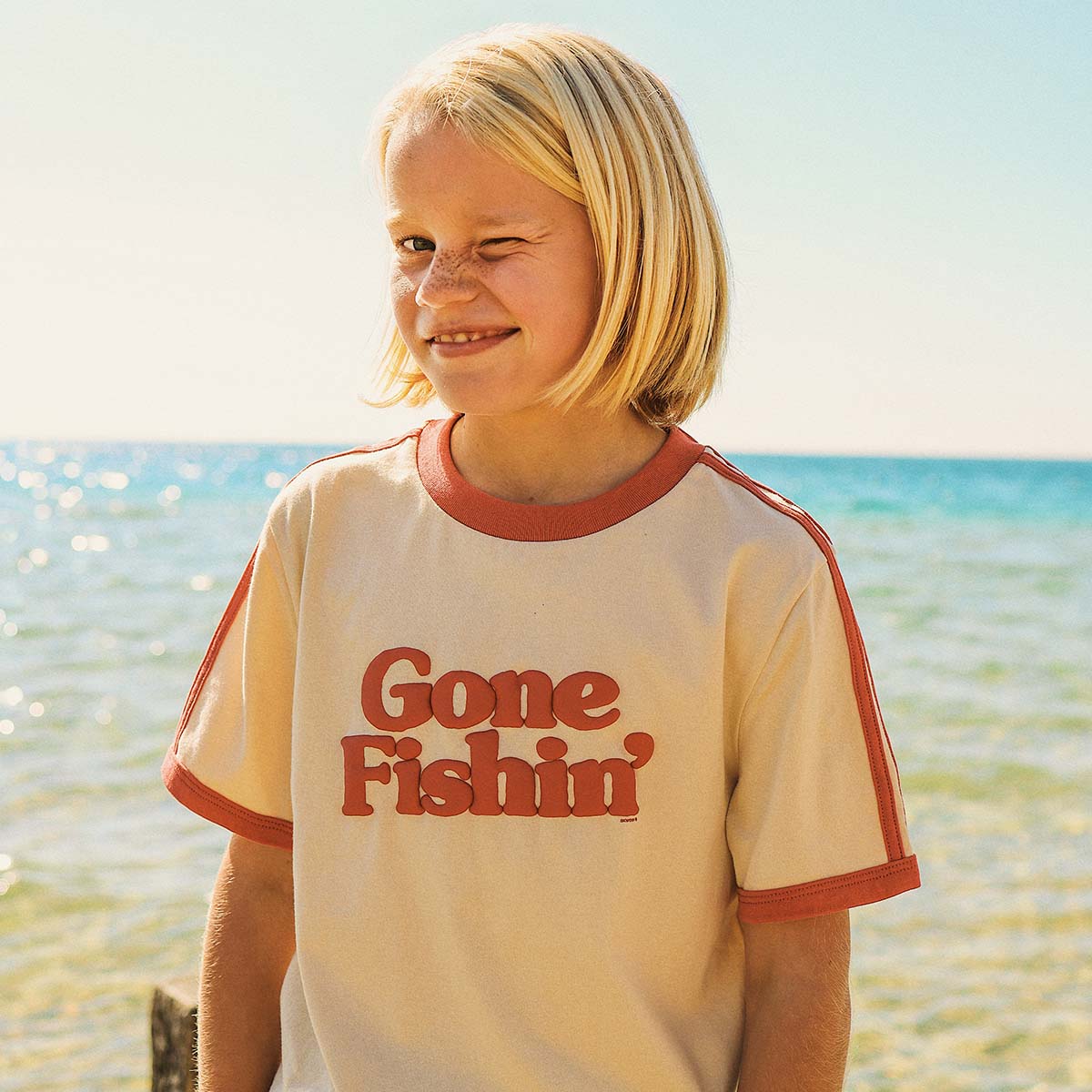 Gone Fishin Kids Boxy Ringer Tee in Off White