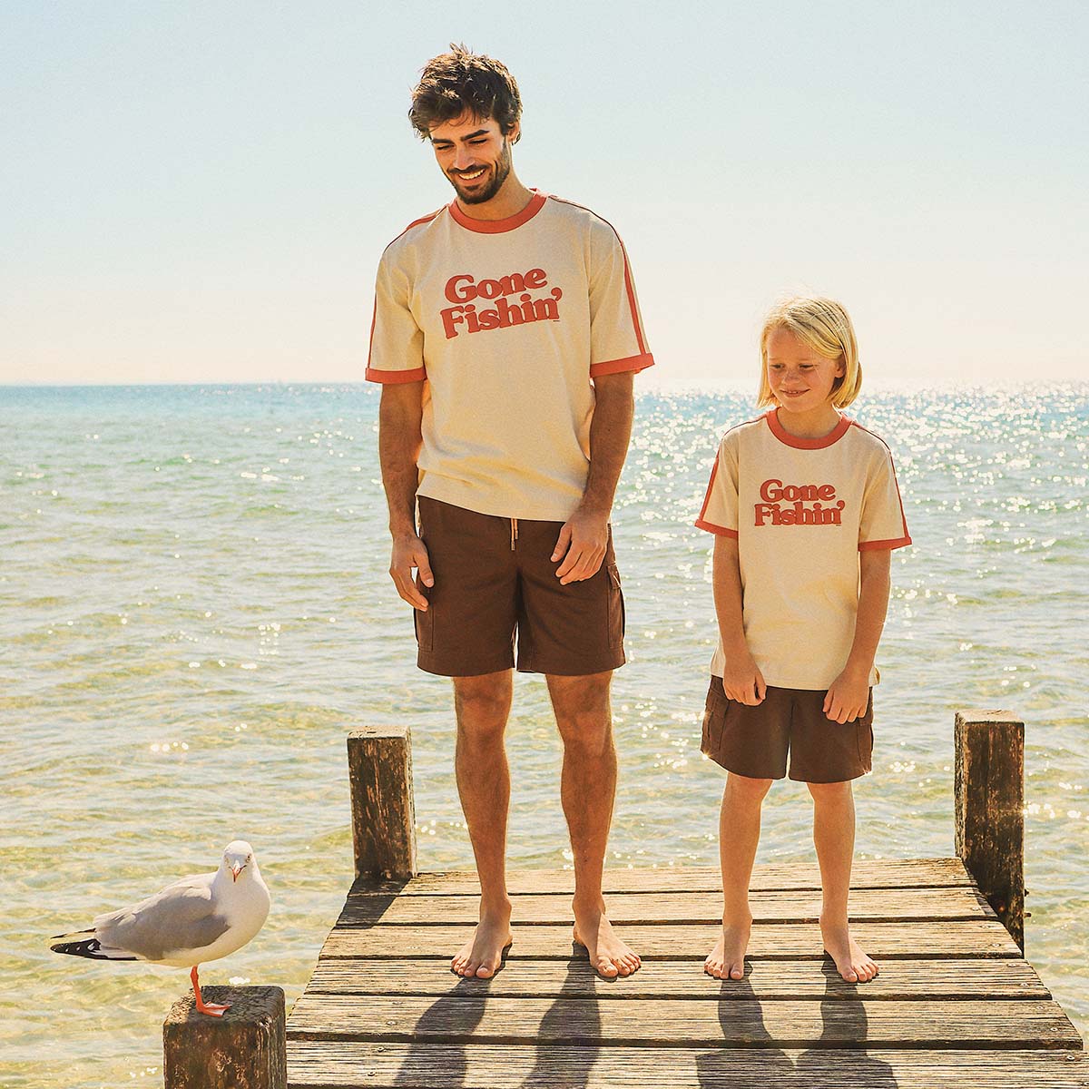 Gone Fishin Kids Boxy Ringer Tee in Off White