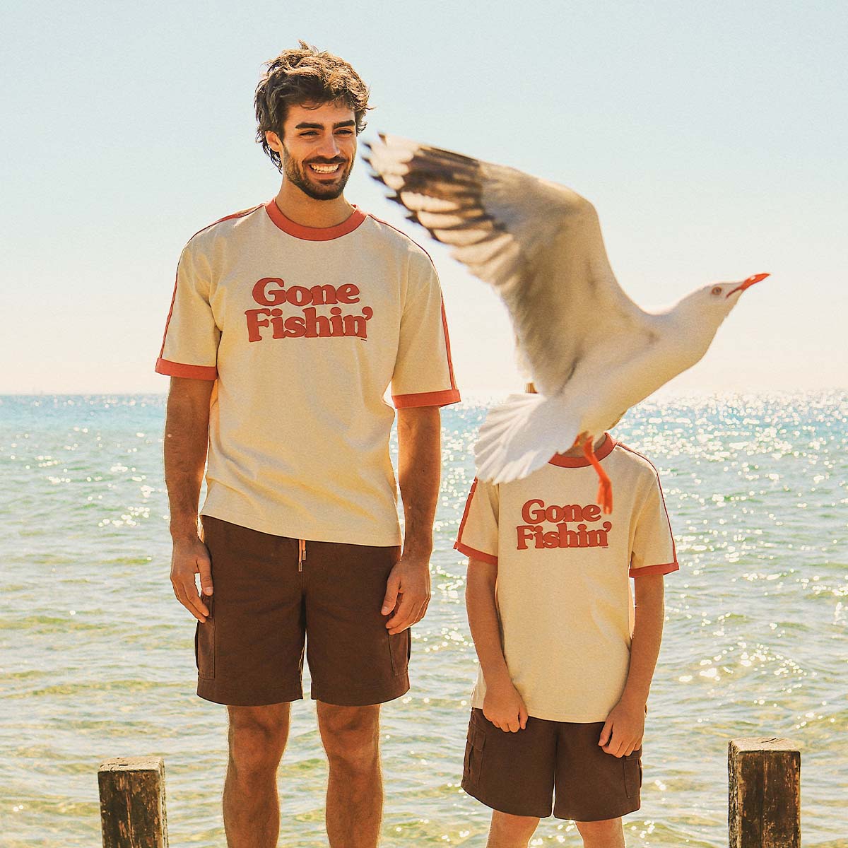 Gone Fishin Kids Boxy Ringer Tee in Off White