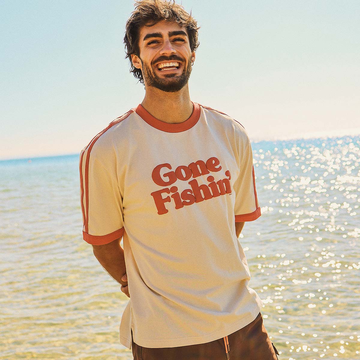 Gone Fishin Boxy Ringer Tee in Off White