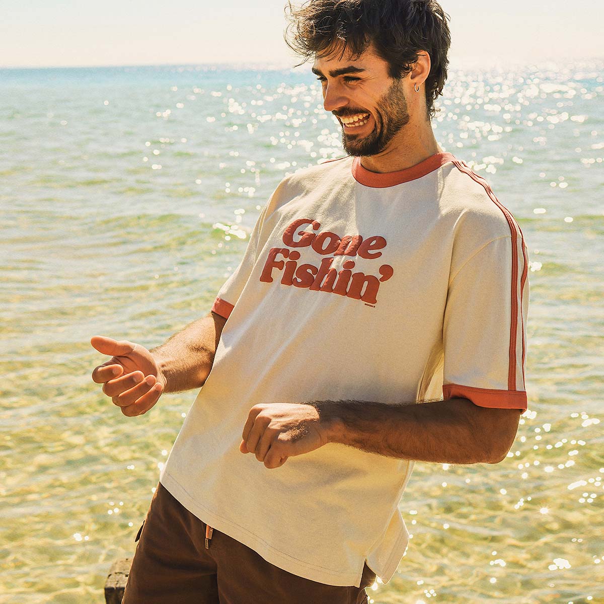 Gone Fishin Boxy Ringer Tee in Off White