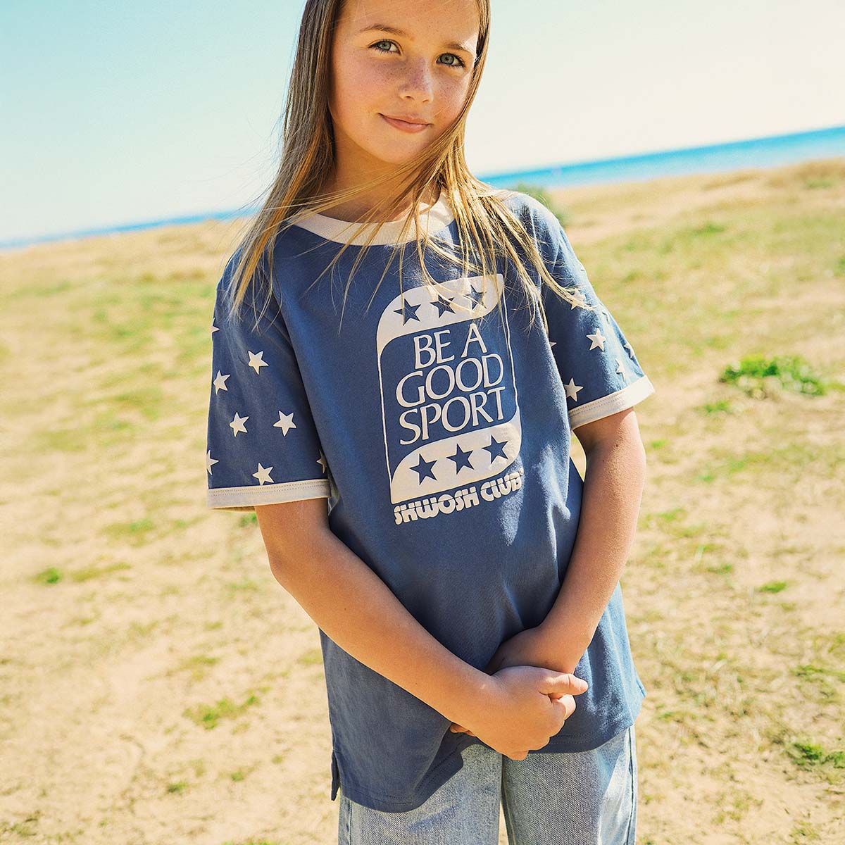 Good Sport Kids Boxy Ringer Tee in Blue