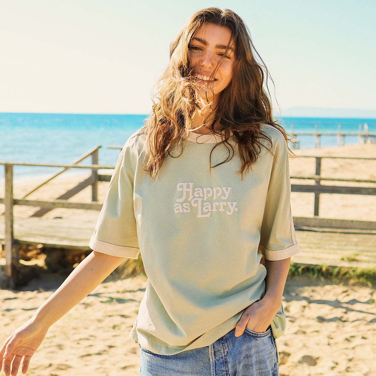 Happy as Larry Boxy Ringer Tee in Sage