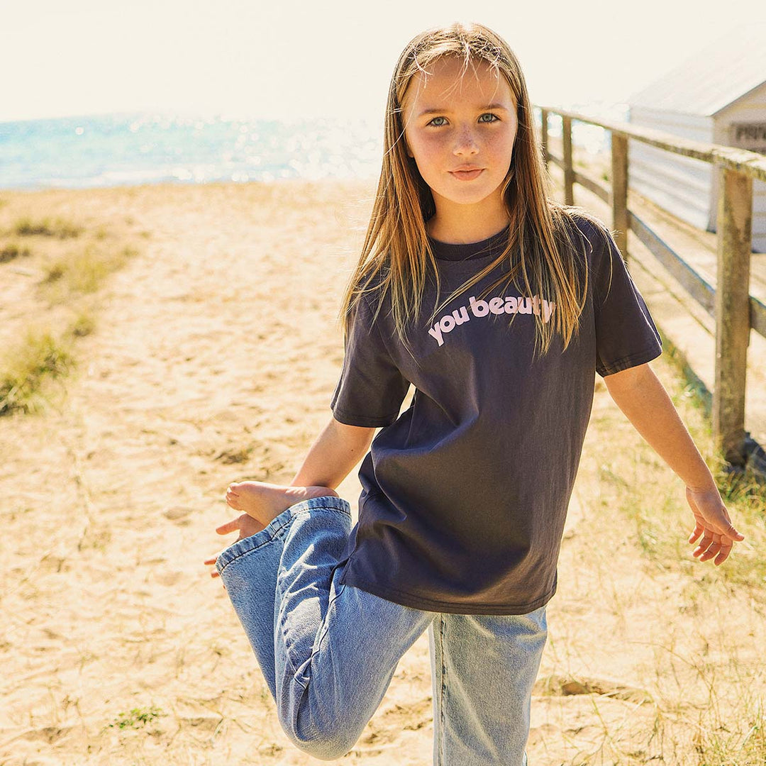 You Beauty Kids Slang Tee in Charcoal